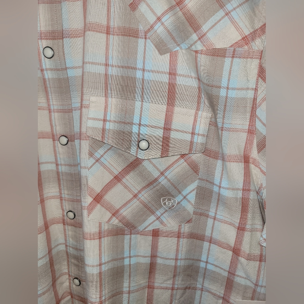 ARIAT HORTON RETRO SS SHIRT MENS XLT TALL Pearl Snaps Red Beige Plaid Western - Picture 4 of 10
